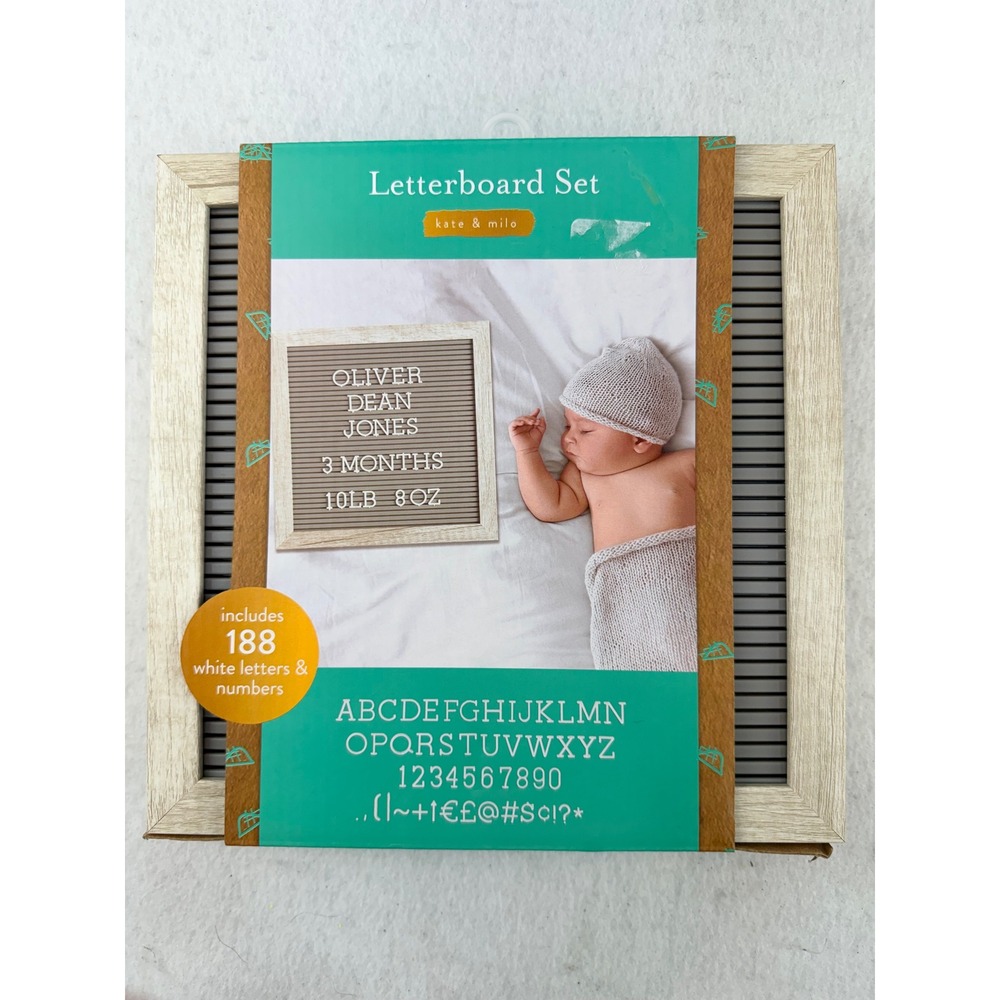 Kate & Milo Letterboard Set 10x10 Gray Wood Frame 188 White Letters Numbers